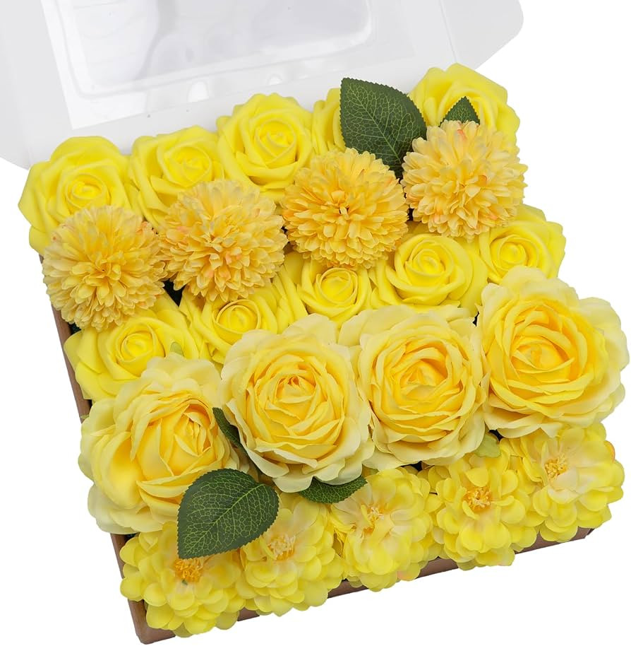 TINGE TIME 23pcs Artificial Wedding Flower Combo, Rose Pompon Mums Yellow     Faux Flowers with S... | Amazon (US)