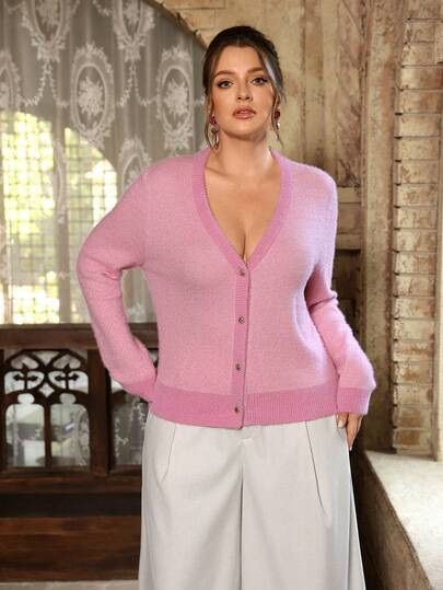 VOLUPTÉ CURVE Plus Size Spring Cardigan, Fashionable, Sweet, Elegant V-Neck, Drop Shoulder, Long... | SHEIN