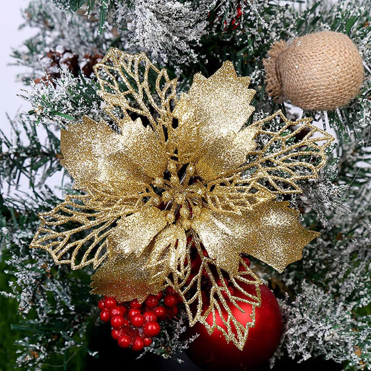 12 Pcs Christmas Glitter Poinsettia Faux Flowers | Wayfair North America