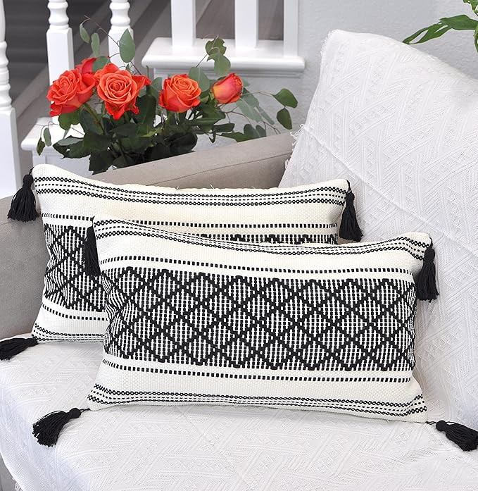 Boho Decorative Lumbar Pillow Covers with Tassels Black and White 12x20 inch -Set of 2 / Small Re... | Amazon (US)