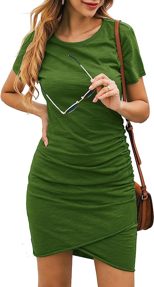 Women’s 2019 Casual Crew Neck Ruched Stretchy Bodycon T Shirt Short Mini Dress | Amazon (US)