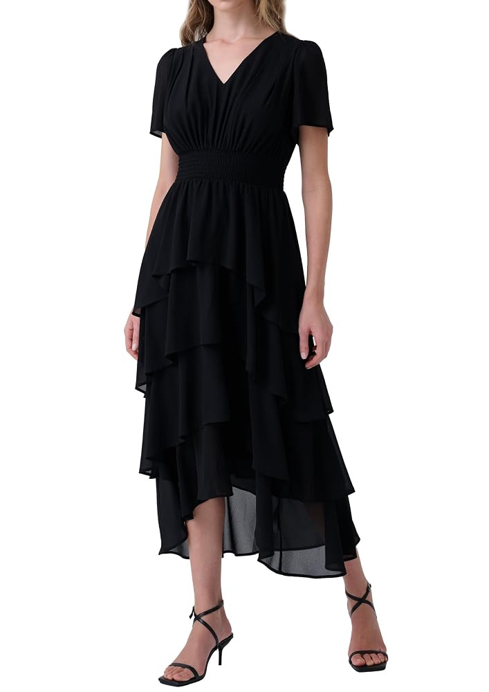 Women's Chiffon Tiered Midi Dress Short Sleeve Layered Flowy Long Dress Smocked Waist Wedding Gue... | Amazon (US)