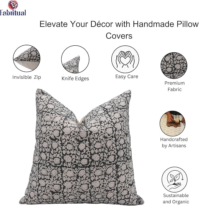 Fabritual Block Print Cotton 20x20 Throw Pillow Covers, Outdoor Farmhouse Square Cushion Covers, ... | Amazon (US)