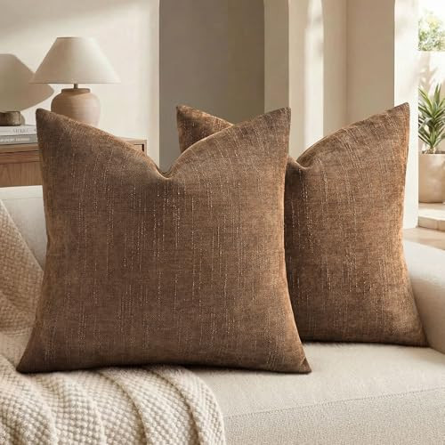 decorUhome Chenille Throw Pillow Covers 20x20 Set of 2, Square Decorative Pillow Covers with Zipper for Couch, Sofa, Living Room, Bronze | Amazon (US)