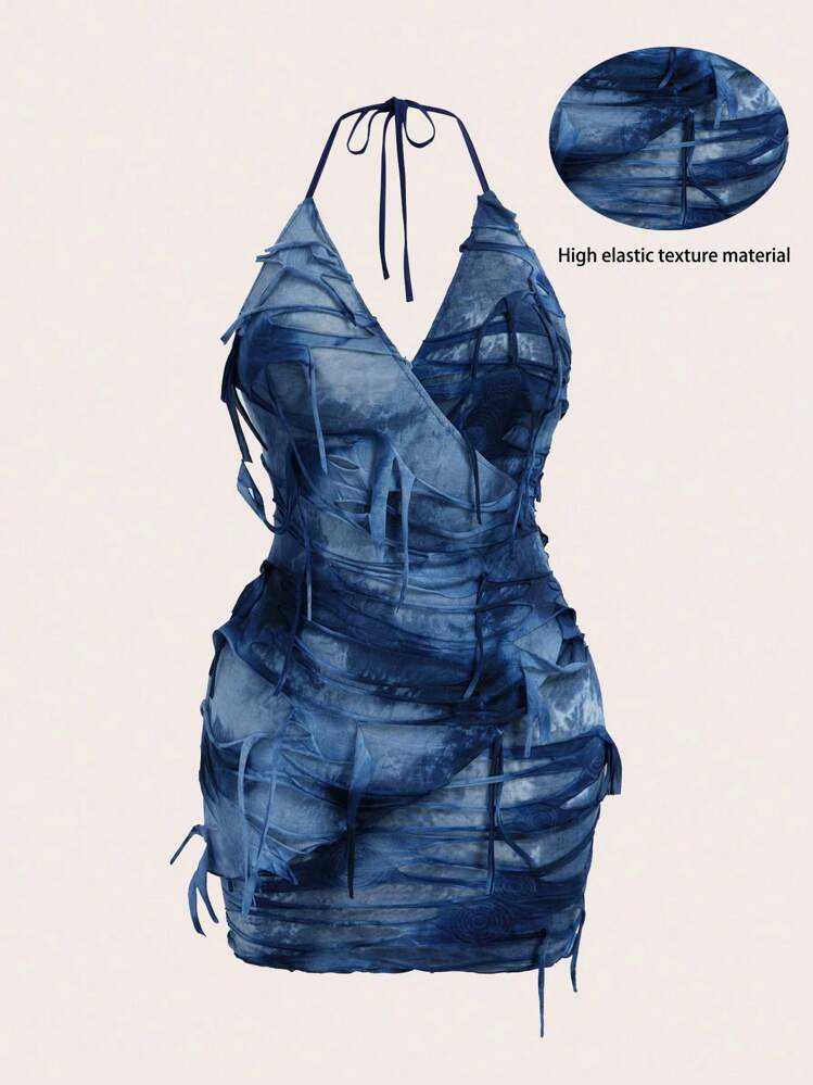 Flirla Plus Size Women's Summer Sexy Spaghetti Strap Bodycon Mini Dress, High Stretch Textured Fabric Deep V-Neck | SHEIN