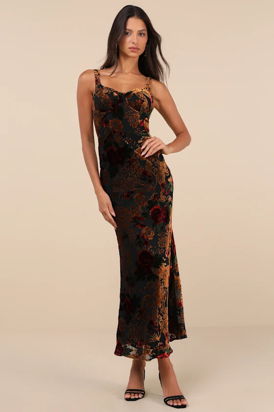 Effortlessly Refined Black Velvet Burnout Maxi Dress | Lulus