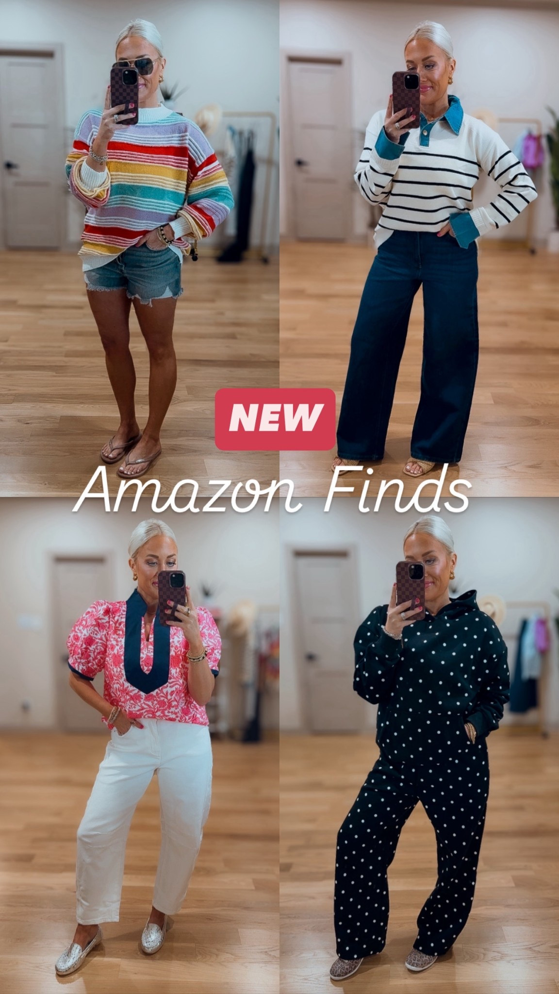 **NEW Amazon recent finds 
Striped sweaters / small
Jeans / size 6
Flower blouse / medium 
Polka dot set / small 