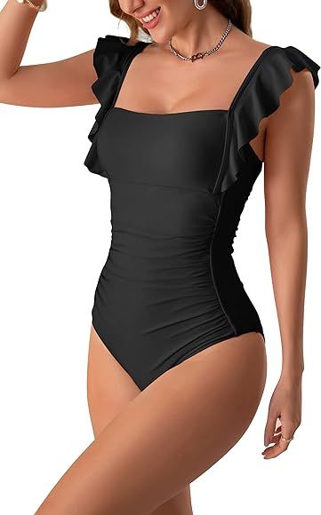 Eomenie Women's One Piece Ruffle Swimsuit Ruched Tummy Control Bathing Suits 1 Piece Tie Back Bac... | Amazon (US)