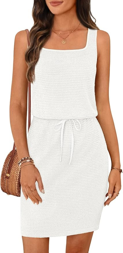 MEROKEETY Women's Summer Mini Sundress Casual Waffle Knit Square Neck Drawstring Beach Tank Dress... | Amazon (US)