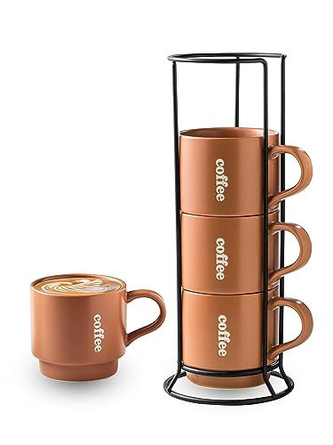 KOKUNKA Stackable Coffee Mugs with Rack, Ceramic Coffee Mug Set Perfect for Coffee,Tea, Cocoa, Milk as Christmas Gifts, Set of 4, 13 Oz (Brown) | Amazon (US)