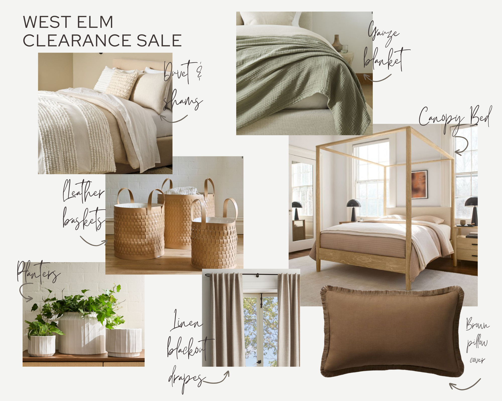 West Elm's clearance sale starts today so shop now before the good stuff is gone like this brown pillow cover for under $15!!
I have the white textured duvet and shams so I did a bedroom theme board. These Dark Flax linen drapes are blackout drapes and we have West Elm blackout drapes in our daughters room since she was born and they work really well.
If you have wanted a canopy bed this one is a great price right now and the gauze blanket comes in white and pink too.
The planters come in 3 sizes and the leather baskets do too.
Shop now because the good colors and sizes alway sell out first!!
#planters #bedding #clearance #WestElm 

 #LTKHome #LTKSaleAlert