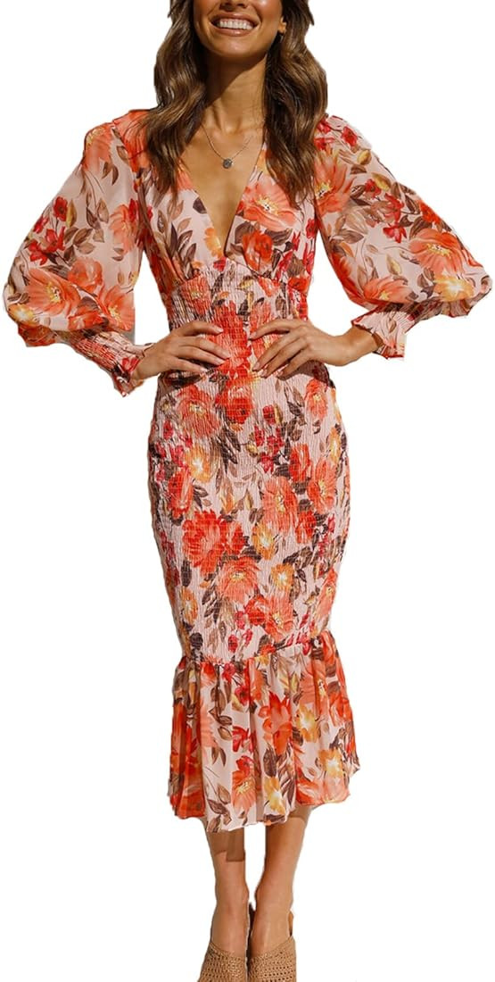 JASCLS Women's Summer Floral Midi Bodycon Dresses Lantern Sleeve V Neck Ruffle Hem Mermaid Cockta... | Amazon (US)