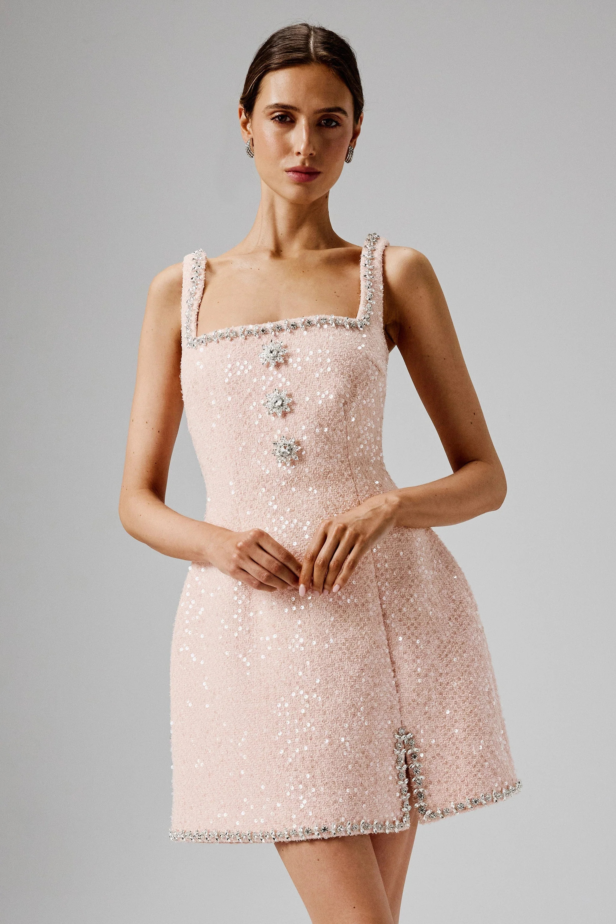 ZOEY Embellished Boucle Tulip Mini Dress in Blush Pink | Lavish Alice Retail Ltd