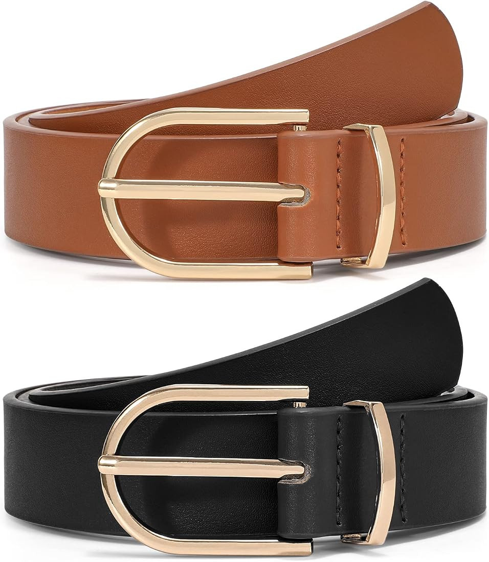 3 Pack Women's Leather Belts for Jeans Pants Fashion Gold Buckle Ladies Dress Belt | Amazon (US)