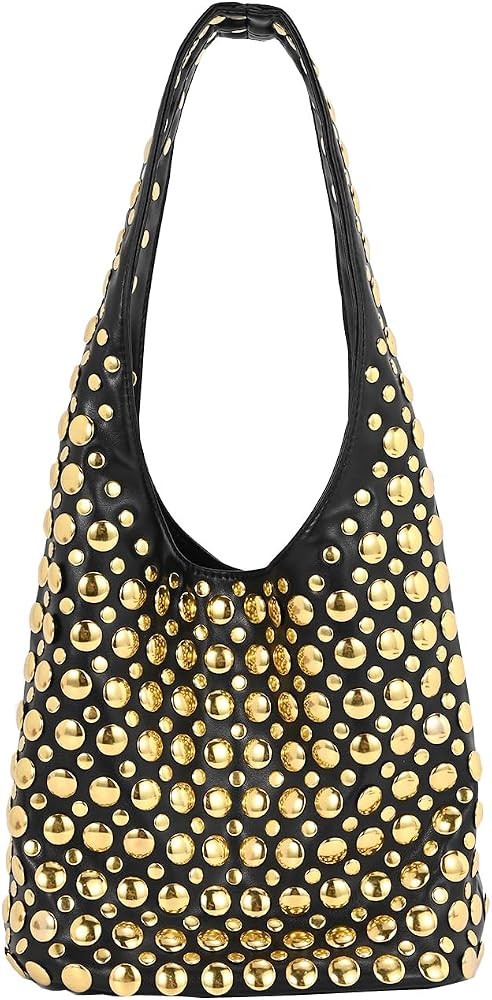 Stylish Studded Hobo Bag Y2K Rivets Bucket Purse for Women Trendy Small Shoulder Tote Handbag | Amazon (US)