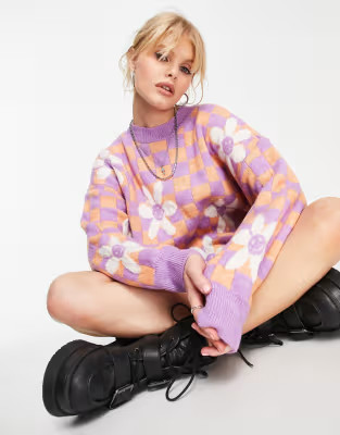 Topshop knitted checkerboard flower jumper in multi | ASOS (Global)