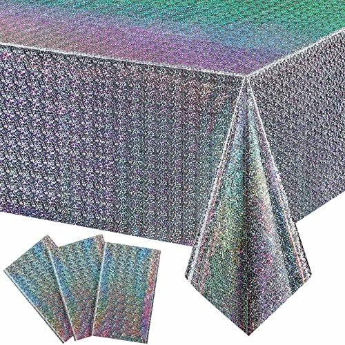 3 Pack Iridescence Plastic Tablecloths Laser Table Covers Silver Holographic Foil for Party Weddi... | Amazon (US)