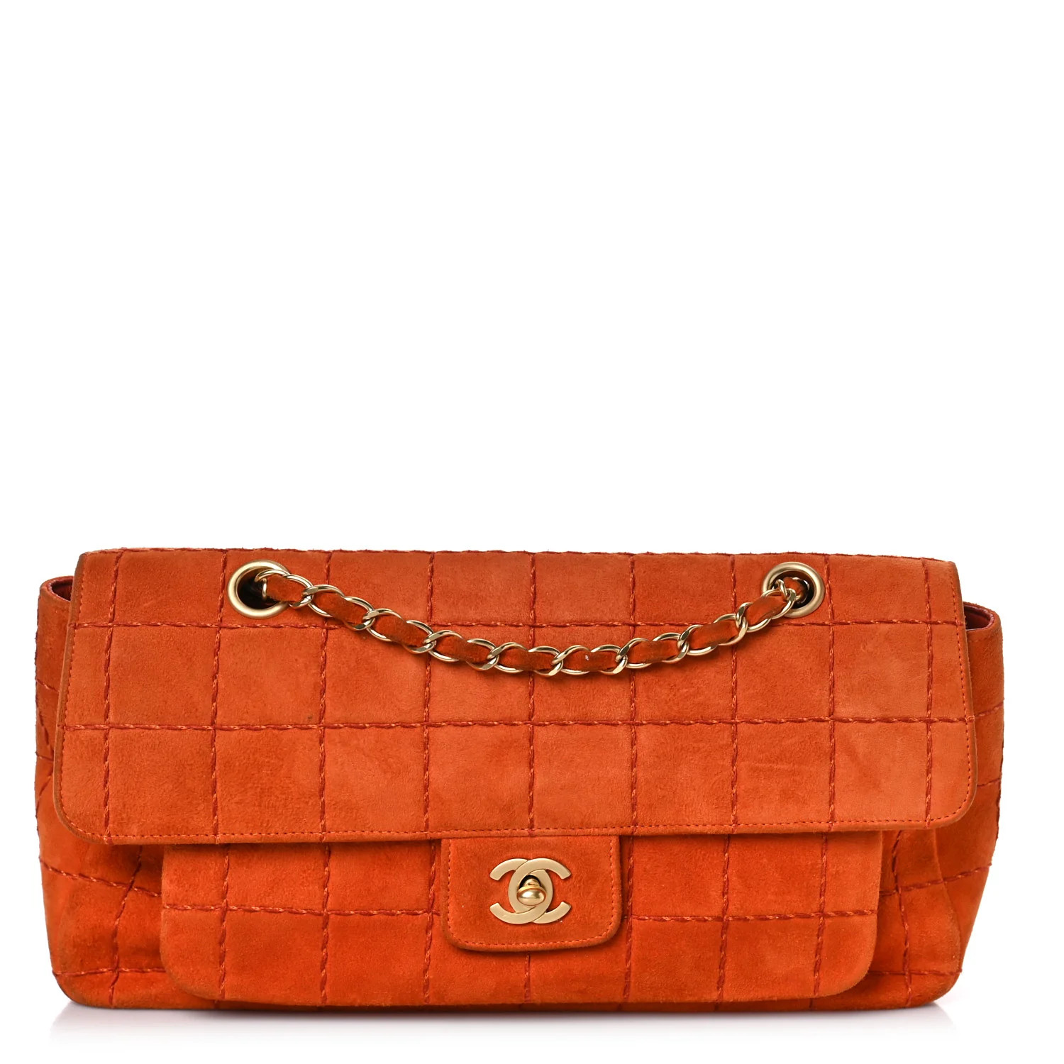 Suede Square Double Stitch Flap Orange | FASHIONPHILE (US)