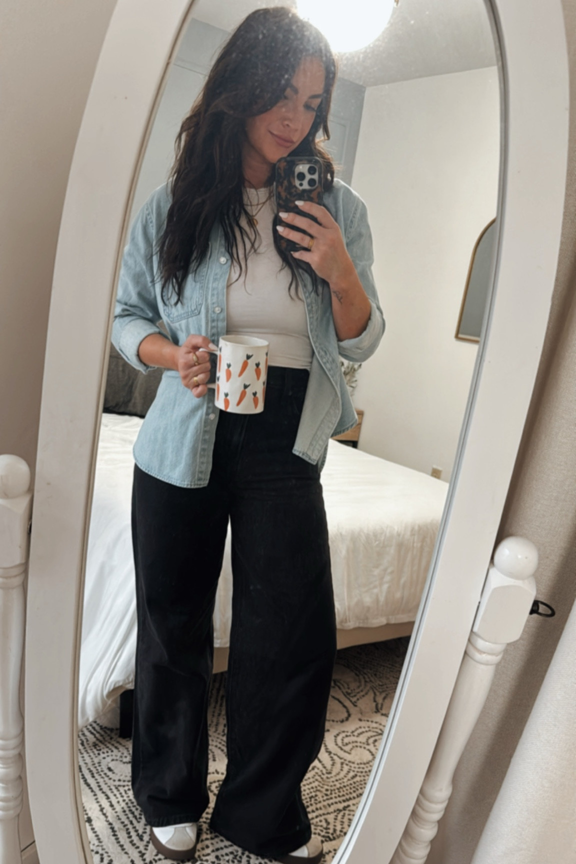 these cinch waist jeans are a new favorite! wearing a 25 in pants, xs in denim shirt and s in white shirt - hack: order the kids size in shoes! I’m wearing a size 5 which fit like a 6.5/7 for women 

#LTKSeasonal