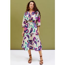 Floral Paisley Print Twist V-Neck Midi Dress | Chicwish