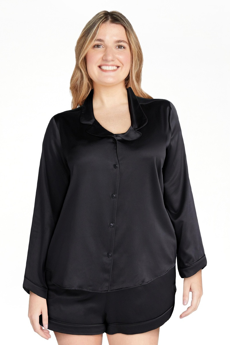 Joyspun Women’s Stretch Satin Notch Long Sleeve Top and Shorts Pajama Set, 2-Piece, Sizes XS-3X | Walmart (US)