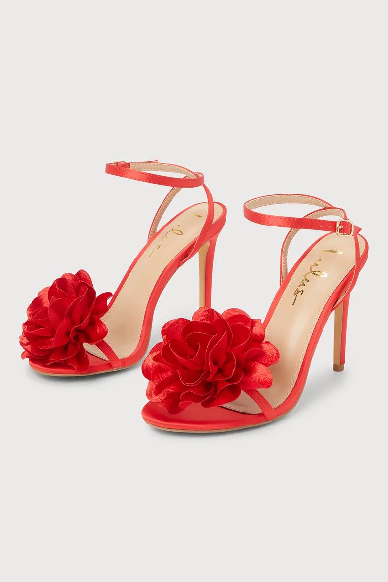 Rozee Red Satin Flower Ankle Strap High Heel Sandals | Lulus (US)