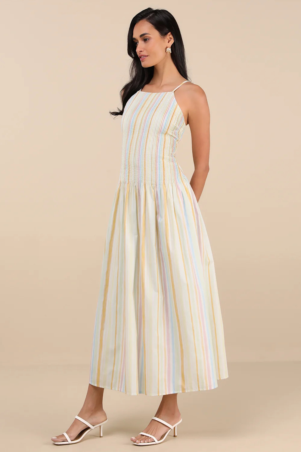 Jalessa Light Yellow Multi Striped Drop Waist Midi Dress | Lulus