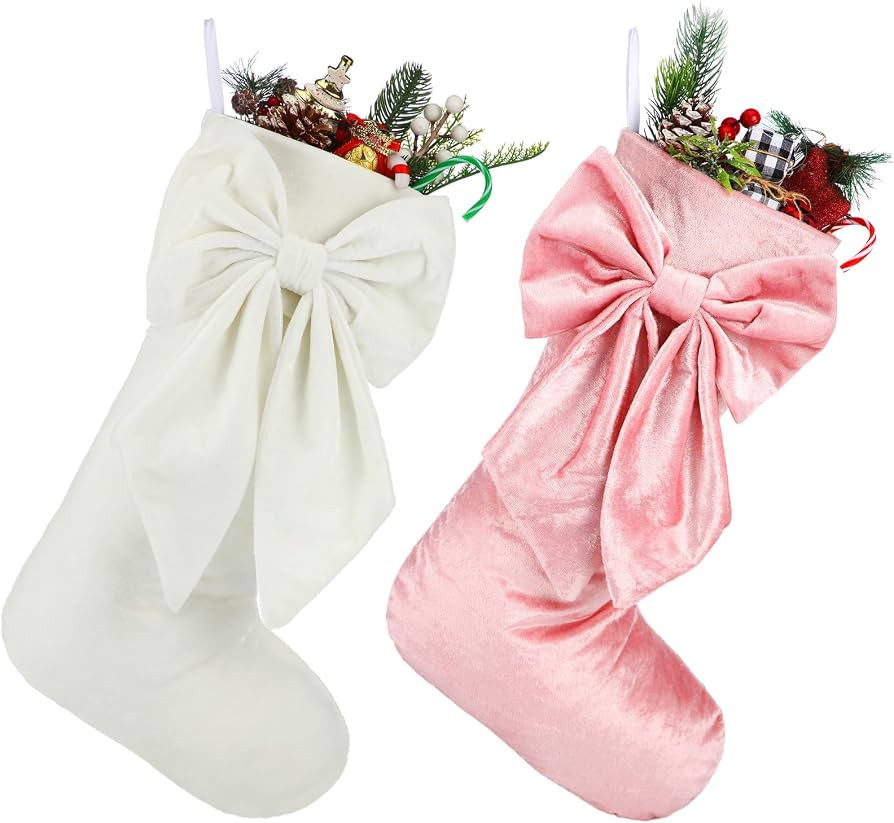 Seematn 2 Pack Bow Christmas Stockings, 18 inches Coquette Velvet Christmas Stocking Hanging Xmas... | Amazon (US)