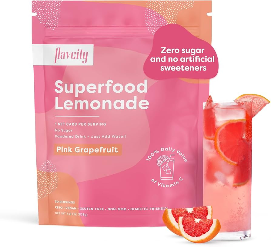 FlavCity Superfood Lemonade Pink Grapefruit Powdered Drink, 30 Servings – Sugar-Free Lemonade P... | Amazon (US)