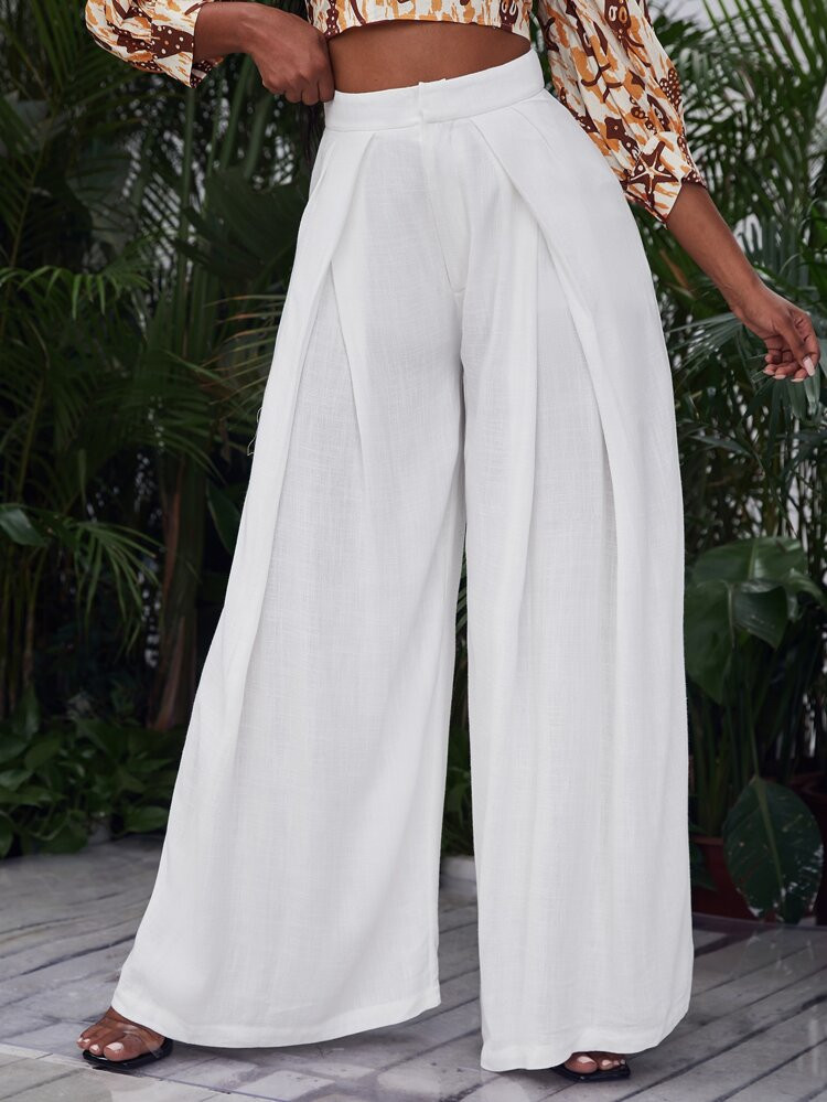 SHEIN Zipper Fly Fold Pleated Palazzo Pants | SHEIN