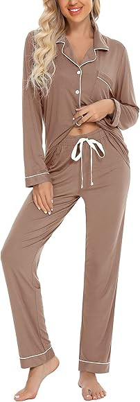 Anjue Pajamas for Women Soft Button Up Pajama Set Long Sleeve Shirt and Pajama Pants Lounge Sets ... | Amazon (US)