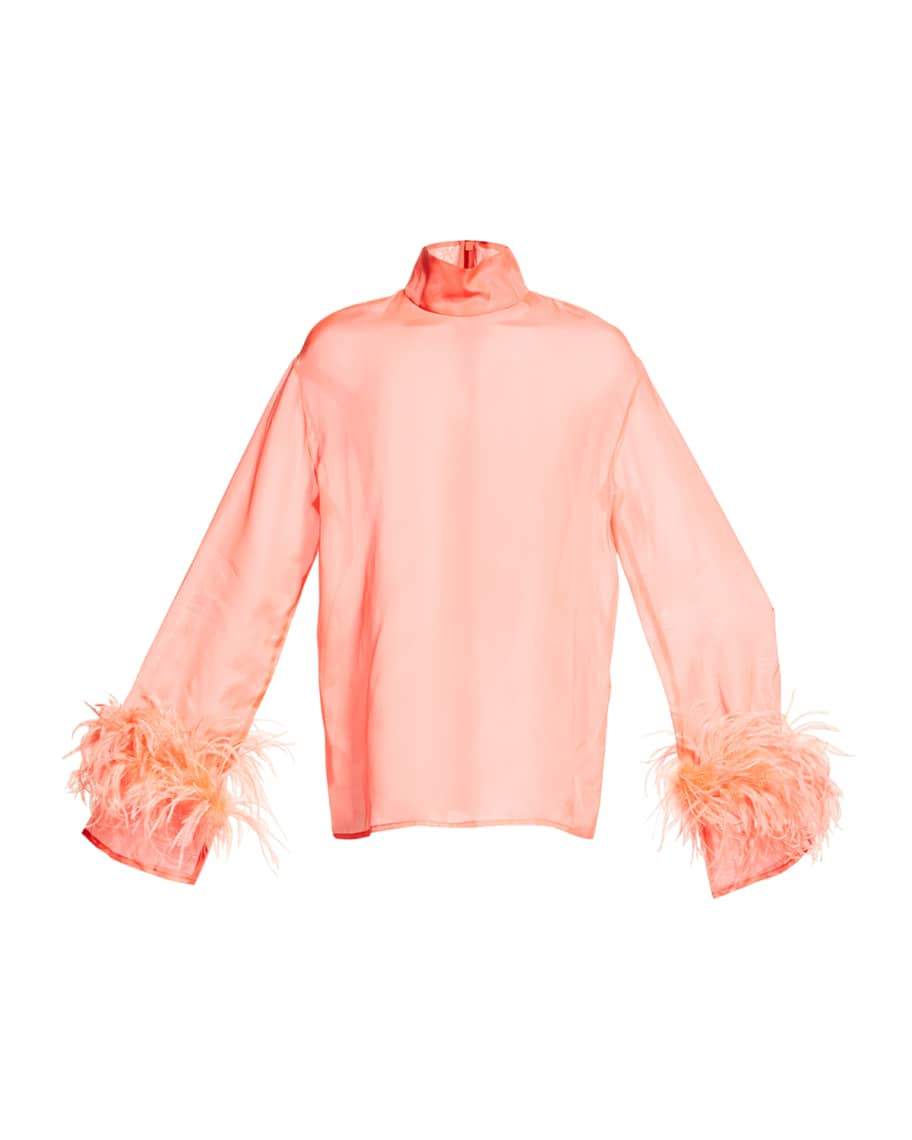 Organza High-Neck Top w/ Feather Trim | Neiman Marcus