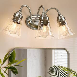 19.3 in. 3-Light Brushed Nickel Bathroom Vanity Light with Clear Glass Shade, No Bulbs Included | The Home Depot