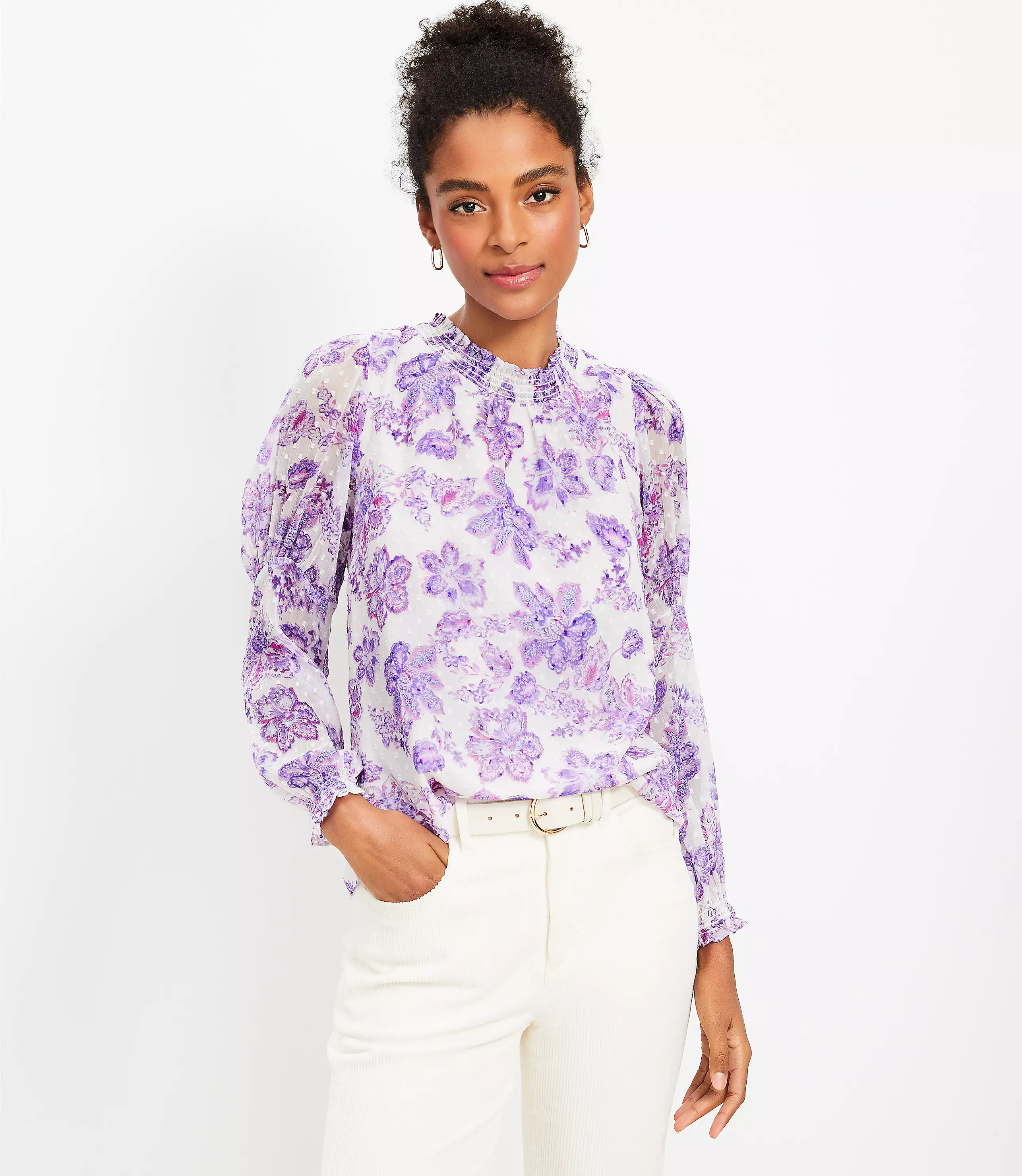 Floral Clip Smocked Puff Sleeve Blouse | LOFT