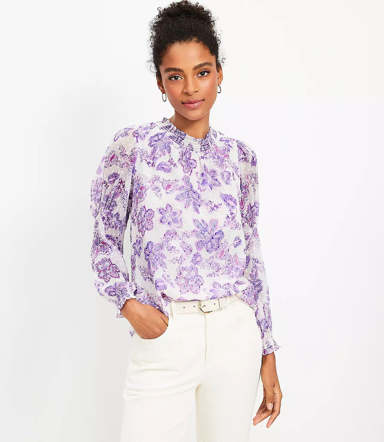 Floral Clip Smocked Puff Sleeve Blouse | LOFT
