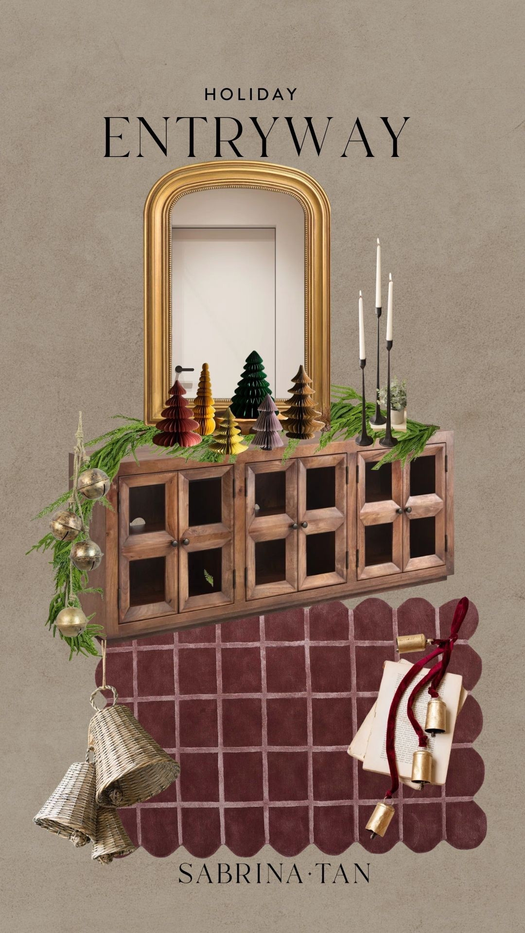 Holiday entryway with  @wayfair mirror, garland, bells, candle stick - it’s the perfect mix of function and festive!
#ad #Wayfair #WayfairPartner
