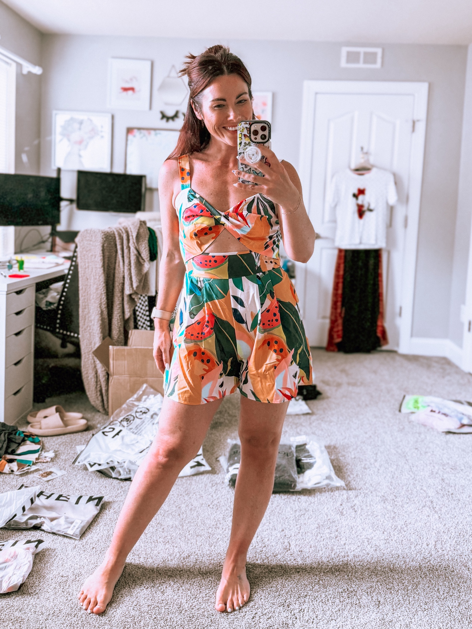 Perfect colorful summer romper with a peekaboo cutout! So comfortable and a great length. I’m in a medium  

#LTKFindsUnder50 #LTKSummerSales #LTKStyleTip