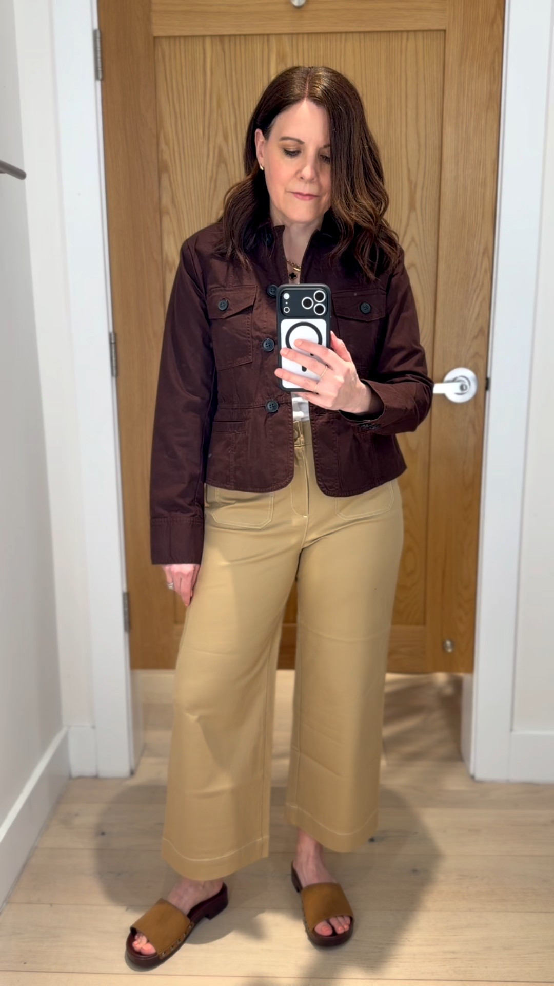 If you’re looking for a casual work jacket that completes your outfit but feels more relaxed than a blazer, this brown twill jacket from LOFT has 113 4.6-star ratings. Wear it with gray, navy, olive, khaki, or even black pants. It also works with jeans and dresses.

I’m wearing my true size, an 8. Size down in these LOFT wide leg cropped pants. They are stretchy, soft and fit big. 

#LTKOver40 #LTKMidsize #LTKSaleAlert