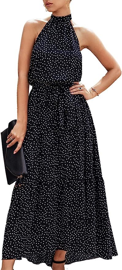 PRETTYGARDEN Women’s Casual Halter Neck Sleeveless Floral Long Maxi Dress Backless Loose Ruffle... | Amazon (US)