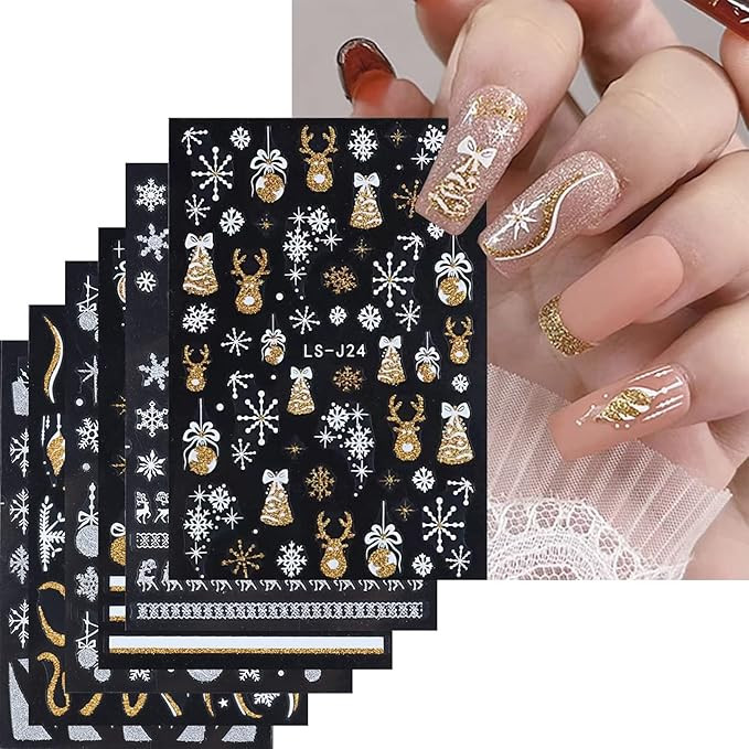 Amazon.com: YOSOMMK 12 Sheets Christmas Nail Art Stickers Decals Gold Sliver Snowflake Wave Line ... | Amazon (US)