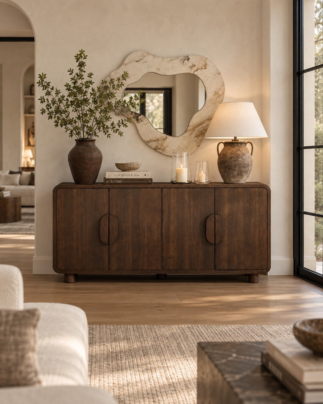 I’m obsessed with this sideboard moment! A functional spot for storage, and a beautiful design. This mirror is gorgeous and includes the organic shapes and materials that I love!

#LTKHome