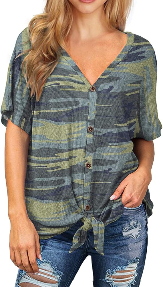 Womens Waffle Knit Tunic Blouse Tie Knot Short Sleeve Henley Tops Loose Fitting Bat Wing Shirts | Amazon (US)