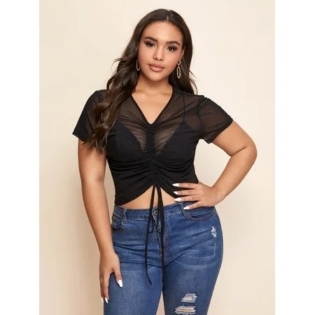 Women's Plus Size Drawstring Ruched Front Sheer Mesh Top Without Bra | Walmart (US)