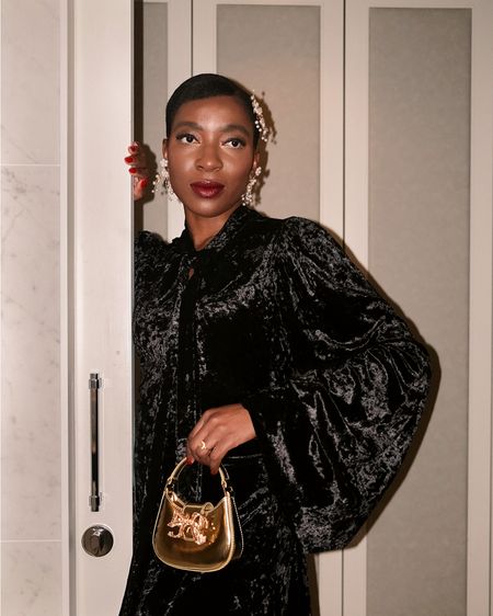 Audrey leighton, Self-portrait, Salondeju, Estee lauder, Amazon, Aligne, Ganni, black maxi dress, velvet dress, gold bag, mini bag, hair accessories, head piece, black pumps, red lipstick, occasion wear, occasion dress, evening dress, evening outfit, style inspiration 

#LTKstyletip #LTKSeasonal #LTKeurope