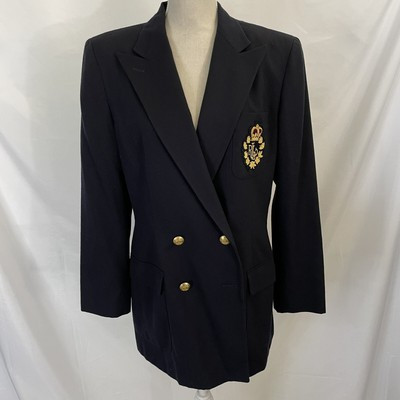 Lauren Ralph Lauren Black Double Breasted Crest Logo Wool Blazer 12 Vintage | eBay US