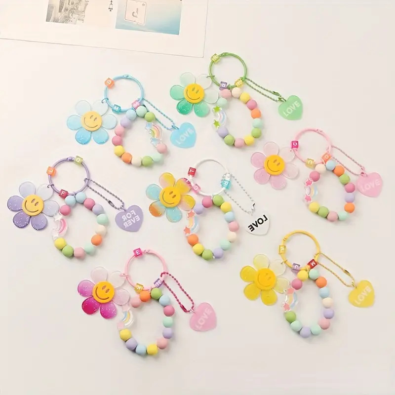 Dopamine Color Beaded Wristlet Keychain Smile Face Flower - Temu | Temu Affiliate Program