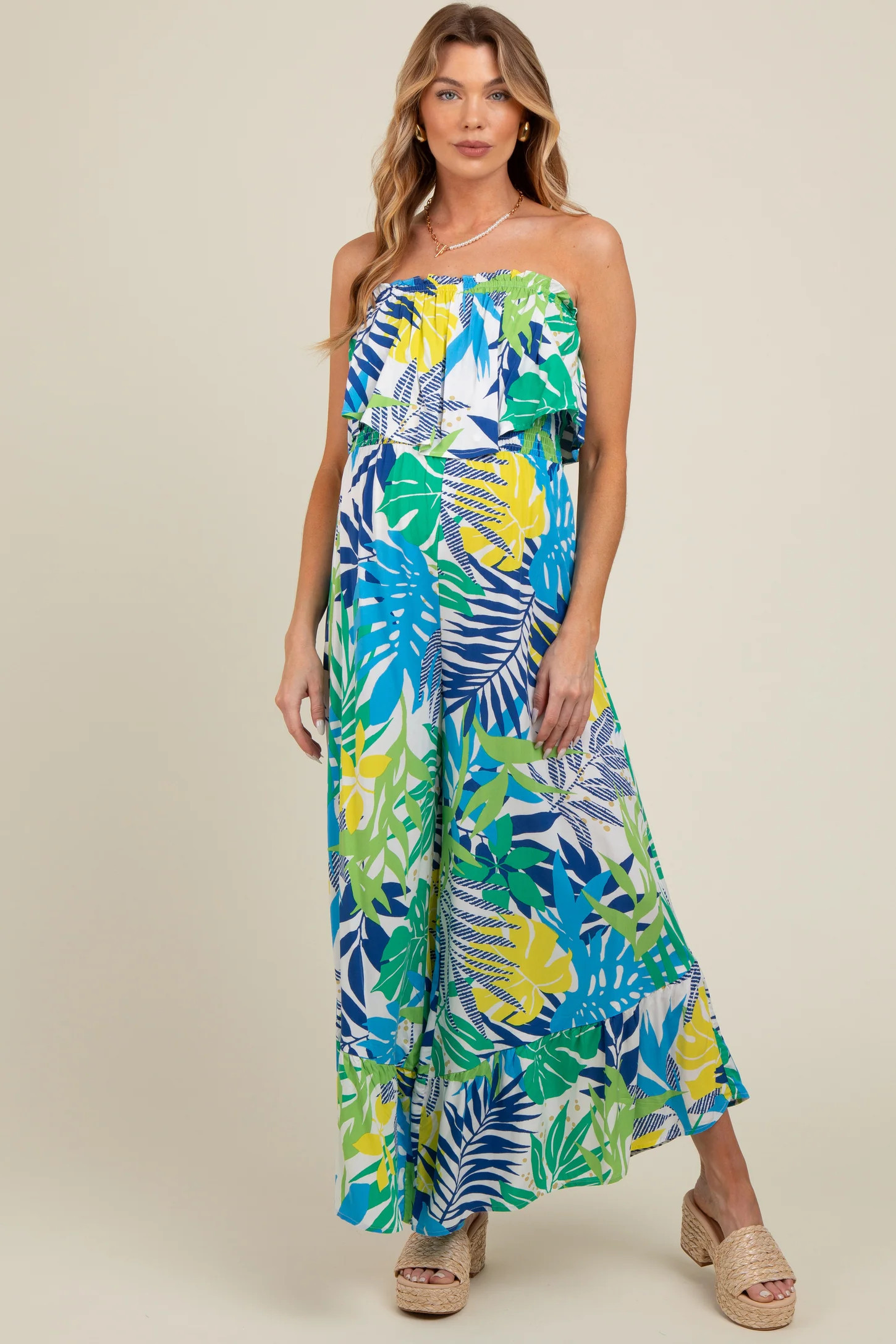 Multi-Color Palm Strapless Ruffle Wide Leg Maternity Jumpsuit | PinkBlush Maternity