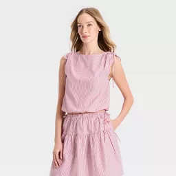 Women's Tie Detail Top - A New Day\u2122 Red Striped XS | Target