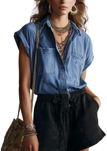 Omoone Womens Denim Shirt Button Down Short Sleeve Chambray Top | Amazon (US)