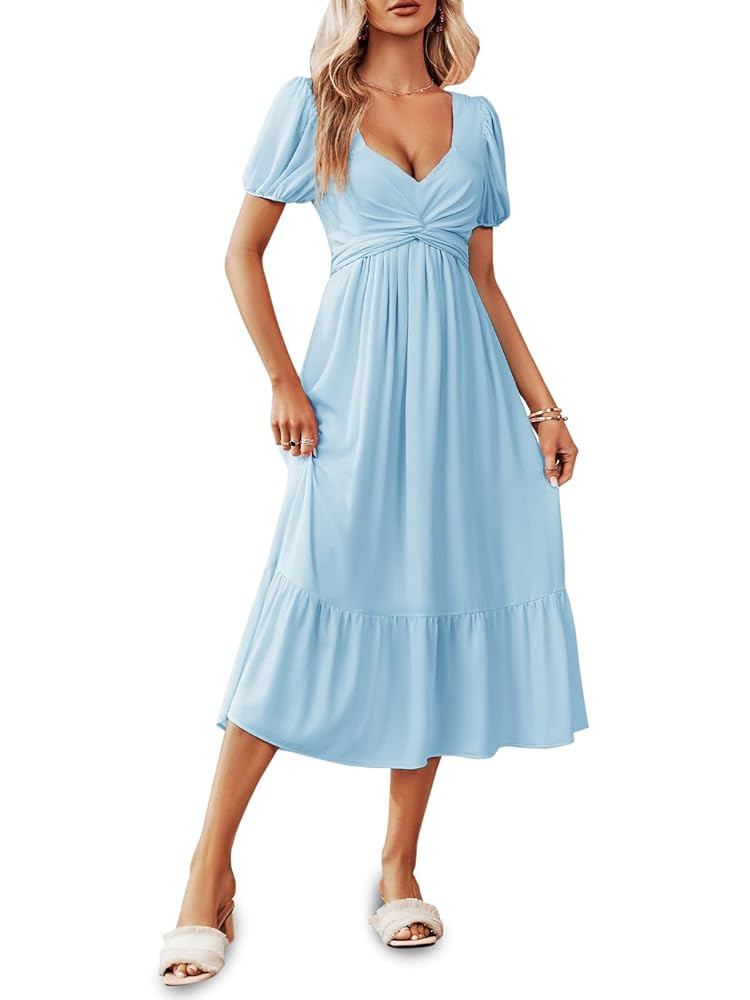 Ebifin Womens Summer Puff Sleeve Dress Casual Backless Twist Front Ruffle Flowy Beach Midi Dresse... | Amazon (US)